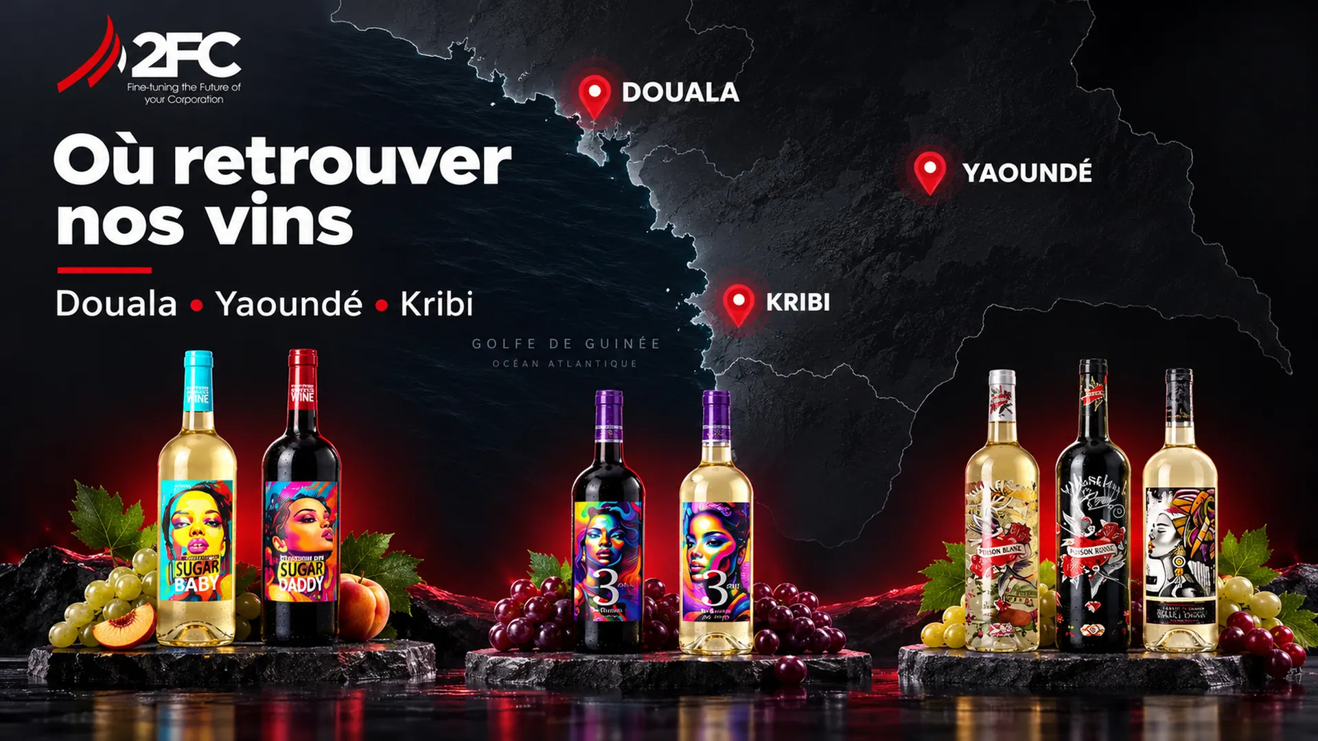Où retrouver nos vins à Douala, Yaoundé et Kribi : sélection de références distribuées par 2FC